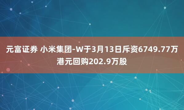元富证券 小米集团-W于3月13日斥资6749.77万港元回购202.9万股